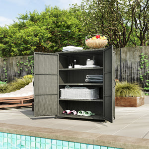 Wicker Outdoor Storage Cabinet with Shelves, 4-Shelf Pool Storage Organizer with Two Doors, Poly Rattan Outdoor Towel Rack for Pool, Garden, Backyard, Dark Grey