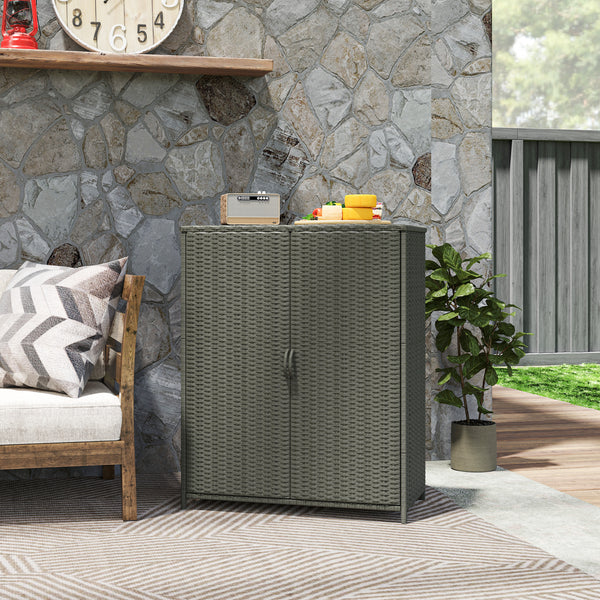 Wicker Outdoor Storage Cabinet with Shelves, 4-Shelf Pool Storage Organizer with Two Doors, Poly Rattan Outdoor Towel Rack for Pool, Garden, Backyard, Dark Grey