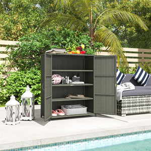Wicker Outdoor Storage Cabinet with Shelves, 4-Shelf Pool Storage Organizer with Two Doors, Poly Rattan Outdoor Towel Rack for Pool, Garden, Backyard, Dark Grey