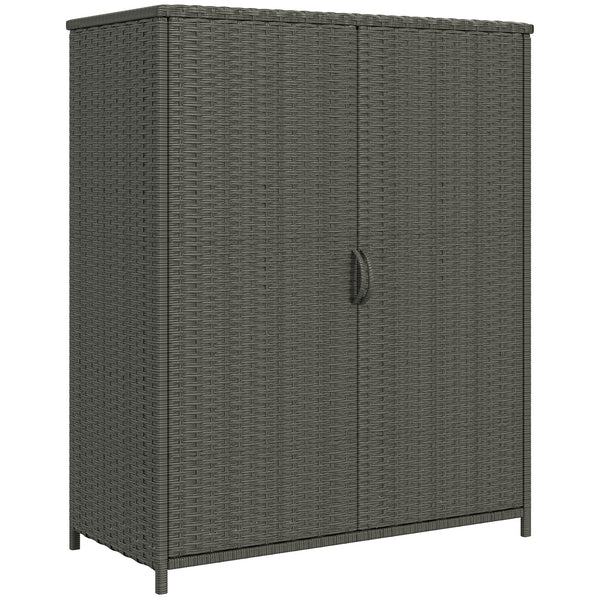 Wicker Outdoor Storage Cabinet with Shelves, 4-Shelf Pool Storage Organizer with Two Doors, Poly Rattan Outdoor Towel Rack for Pool, Garden, Backyard, Dark Grey