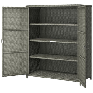 Wicker Outdoor Storage Cabinet with Shelves, 4-Shelf Pool Storage Organizer with Two Doors, Poly Rattan Outdoor Towel Rack for Pool, Garden, Backyard, Dark Grey