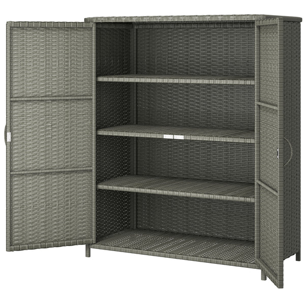Wicker Outdoor Storage Cabinet with Shelves, 4-Shelf Pool Storage Organizer with Two Doors, Poly Rattan Outdoor Towel Rack for Pool, Garden, Backyard, Dark Grey