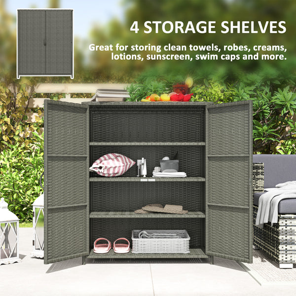 Wicker Outdoor Storage Cabinet with Shelves, 4-Shelf Pool Storage Organizer with Two Doors, Poly Rattan Outdoor Towel Rack for Pool, Garden, Backyard, Dark Grey