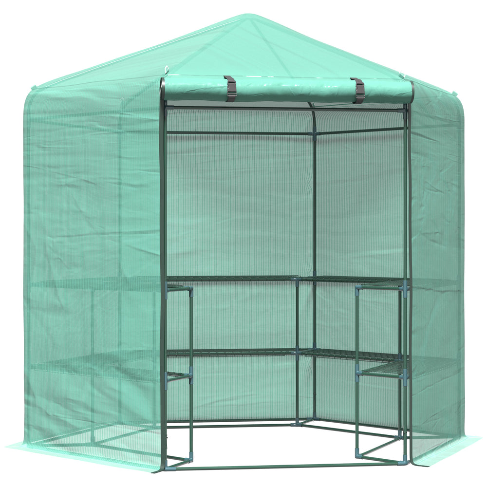 Outsunny Walk-in Greenhouse Outdoor 3 Tier 10 Shelf Warm House Garden Hexagonal Hot House with Roll-Up Zipper Door & Steel Frame