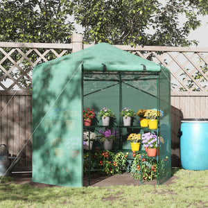 Outsunny Walk-in Greenhouse Outdoor 3 Tier 10 Shelf Warm House Garden Hexagonal Hot House with Roll-Up Zipper Door & Steel Frame