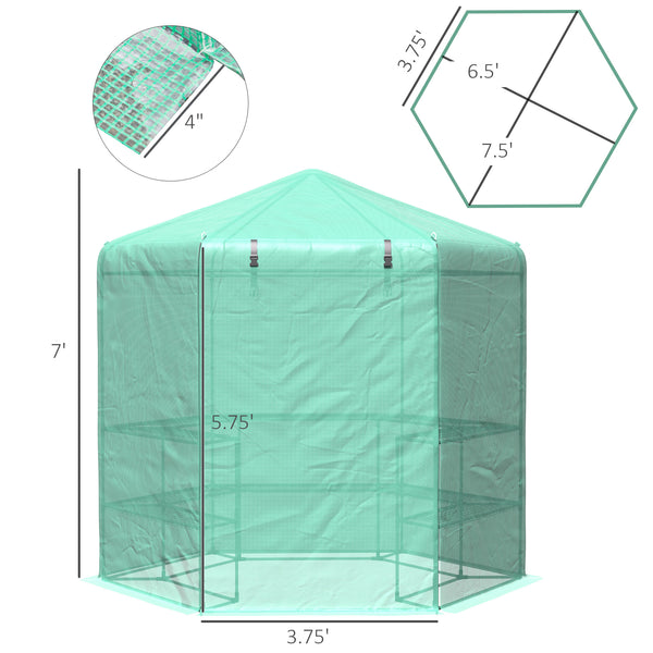 Outsunny Walk-in Greenhouse Outdoor 3 Tier 10 Shelf Warm House Garden Hexagonal Hot House with Roll-Up Zipper Door & Steel Frame