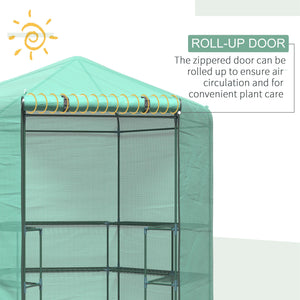 Outsunny Walk-in Greenhouse Outdoor 3 Tier 10 Shelf Warm House Garden Hexagonal Hot House with Roll-Up Zipper Door & Steel Frame