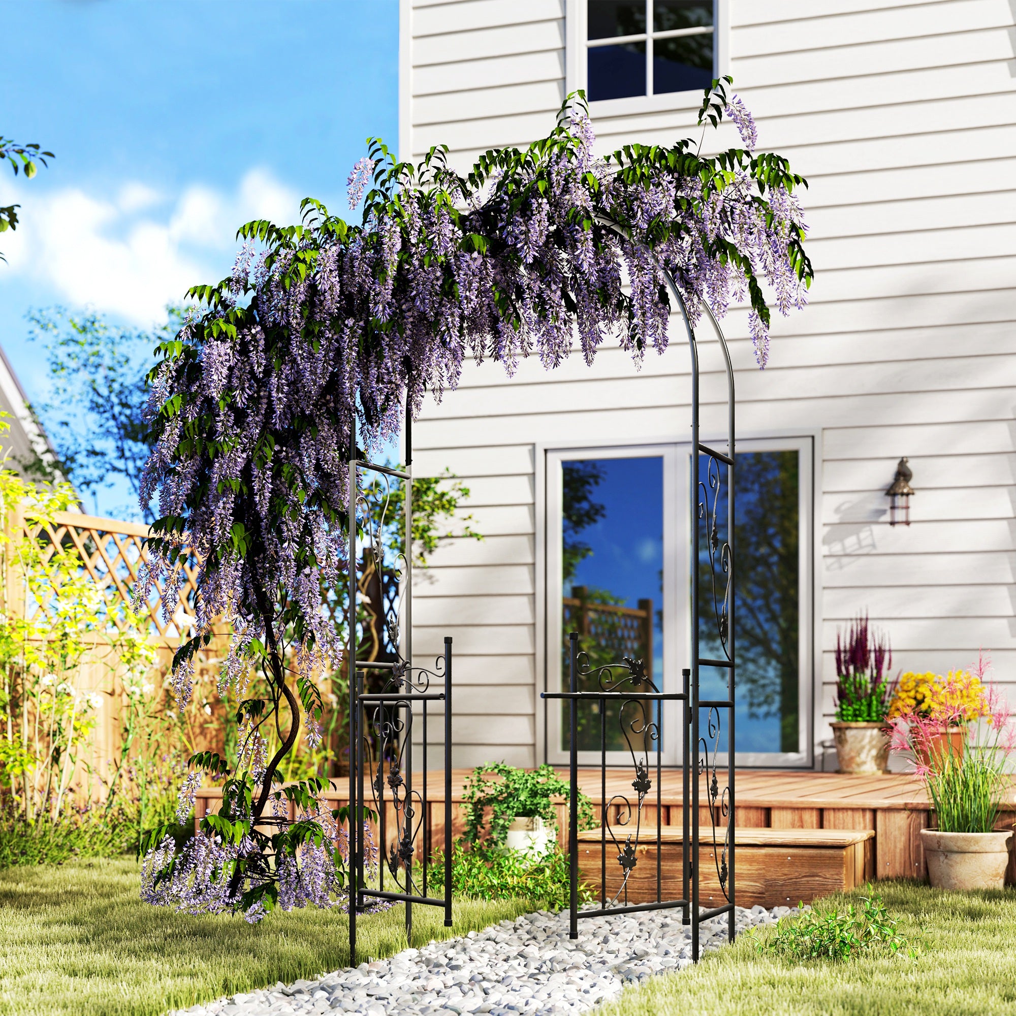 trellis arch for climbing plants Outsunny 7ft Steel Garden Arch with Gate, Garden Arbor Trellis for Climbing Plants, Roses, Vines, Wedding Arch for Outdoor, Garden, Lawn, Backya