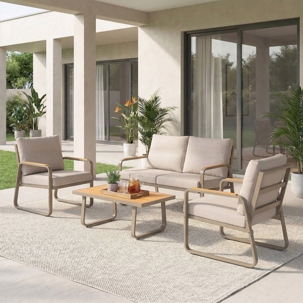 4 Piece Patio Furniture Set, Outdoor Conversation Set with Loveseat, 2 Armchairs, Coffee Table and Cushions, Garden Furniture with Metal Frame for Poolside Porch, Brown