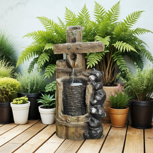 Outsunny 22.8" Tall Outdoor Water Fountain, 3-Tier Floor Standing Resin Bears on Log Waterfall Fountain with LED Lights, Pump for Garden, Patio, Backyard