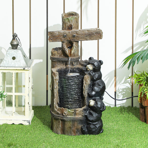 Outsunny 22.8" Tall Outdoor Water Fountain, 3-Tier Floor Standing Resin Bears on Log Waterfall Fountain with LED Lights, Pump for Garden, Patio, Backyard