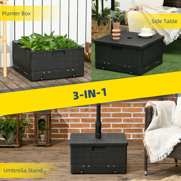 Outsunny 3-in-1 Outdoor Umbrella Base, Coffee End Table, Flower Box Planter, 175lbs Capacity Patio Umbrella Stand Table with Wheels and Handles, Black