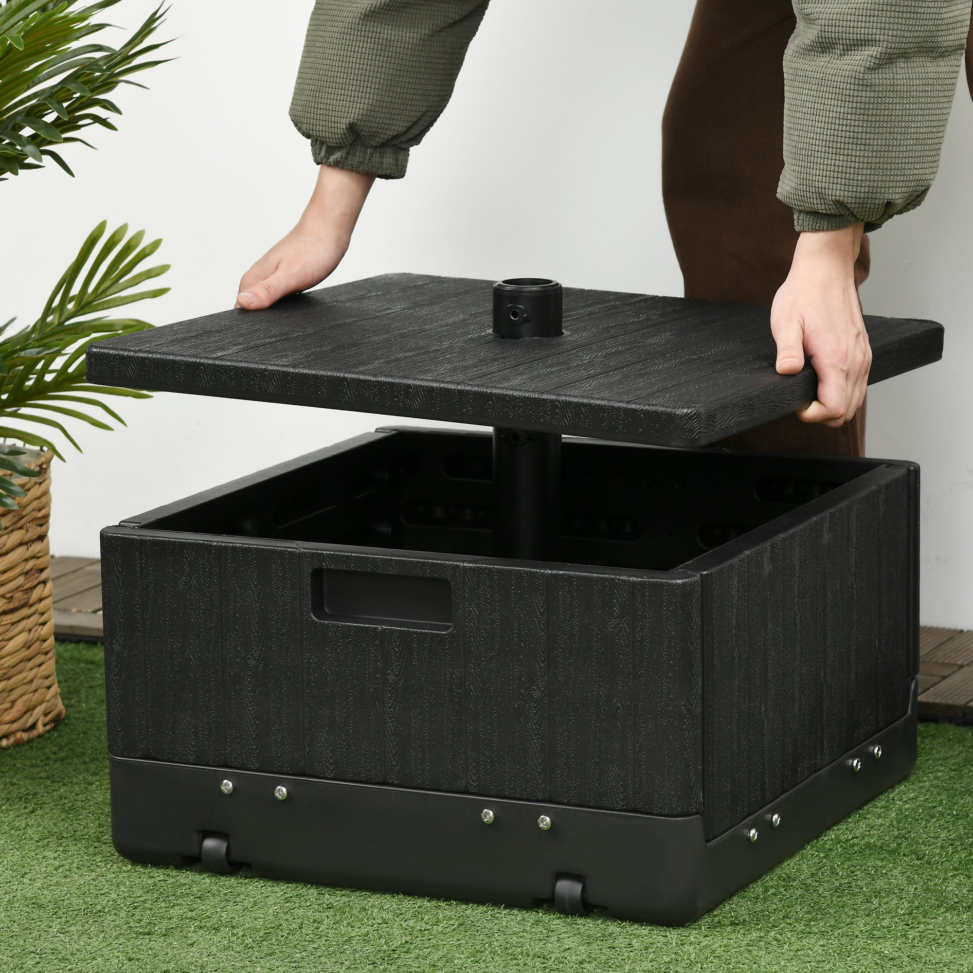 plastic umbrella planter Outsunny 3-in-1 Outdoor Umbrella Base, Coffee End Table, Planter Box with Drainage, Patio Umbrella Stand Table with Wheels and Handles, Black