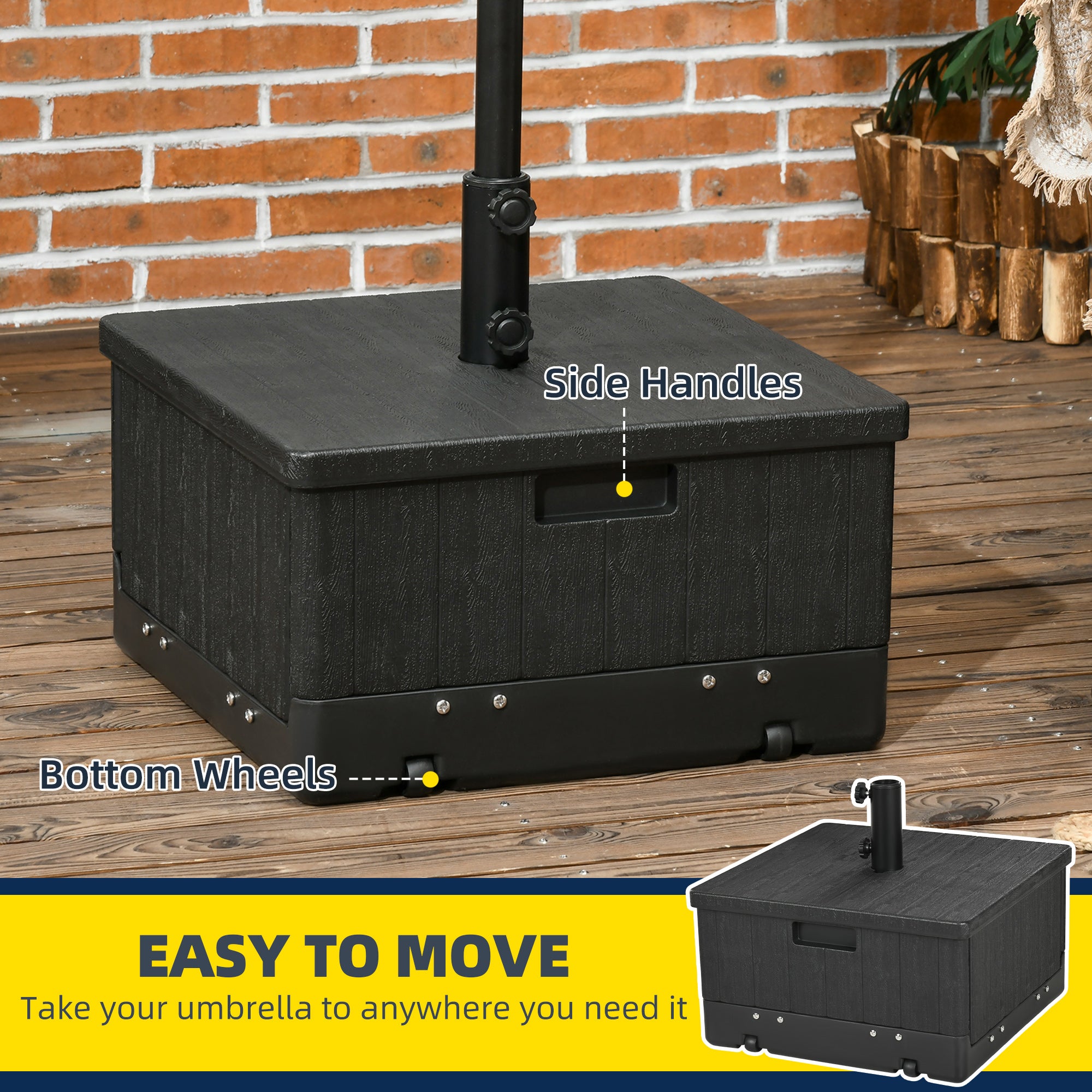 easiest thing to fill patio umbrella base with Outsunny 3-in-1 Outdoor Umbrella Base, Coffee End Table, Planter Box with Drainage, Patio Umbrella Stand Table with Wheels and Handles, Black