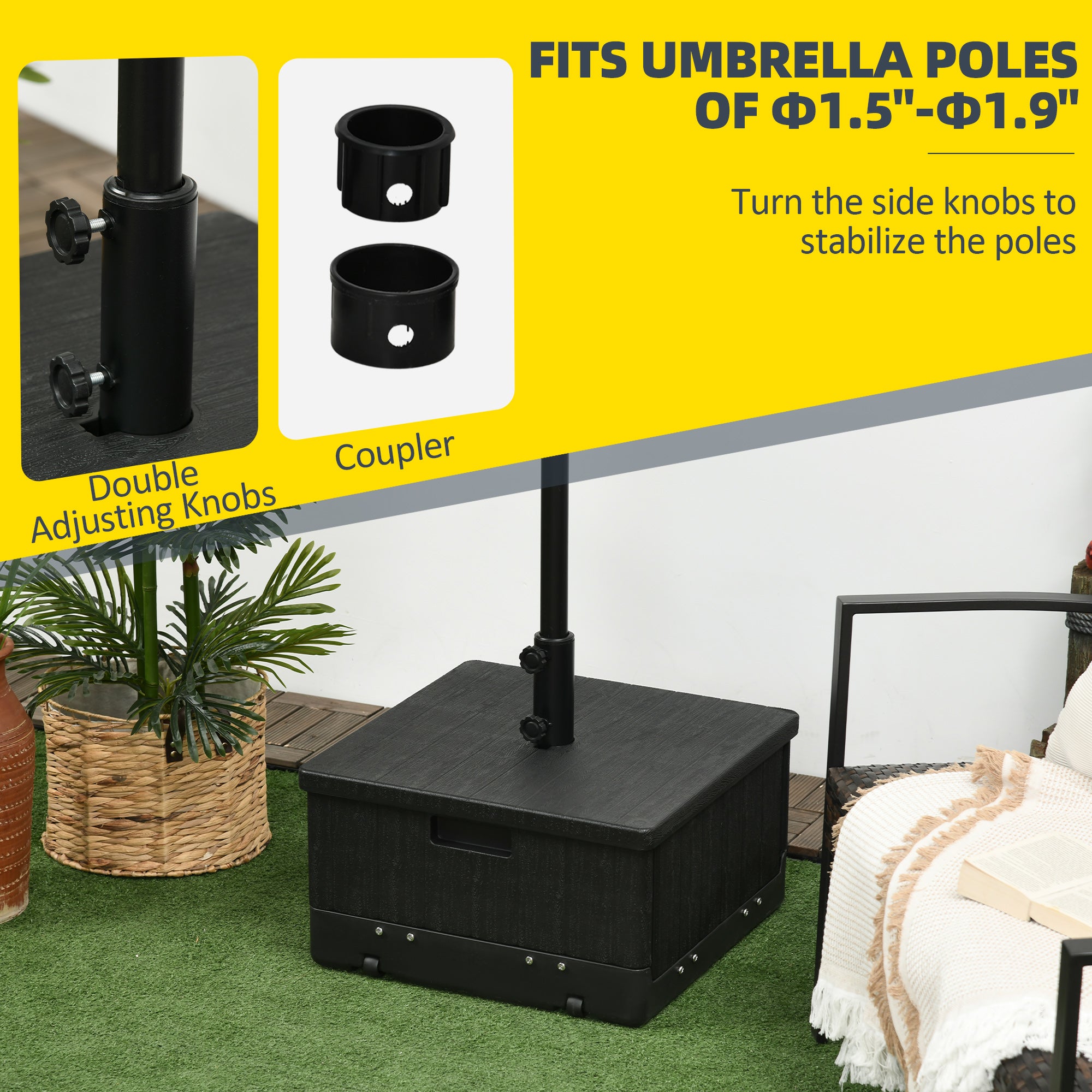 3 patio umbrella pole Outsunny 3-in-1 Outdoor Umbrella Base, Coffee End Table, Planter Box with Drainage, Patio Umbrella Stand Table with Wheels and Handles, Black