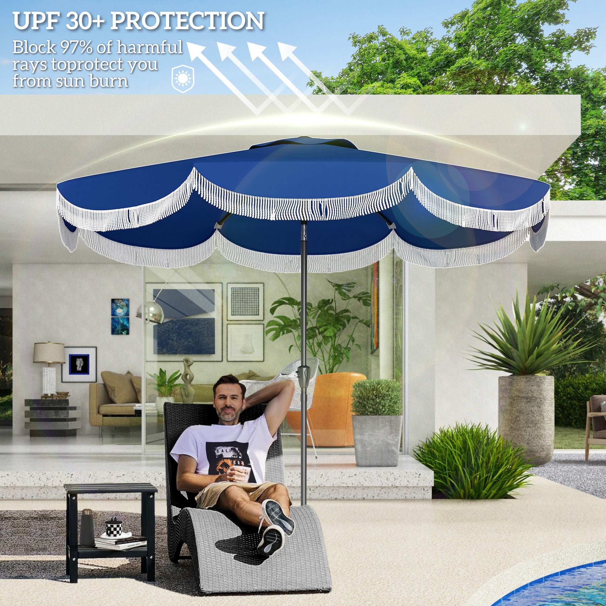 9ft patio umbrella with base Outsunny 9FT Patio Umbrella, UPF 30+ Outdoor Market Umbrella with Crank, 8 Ribs, Push Button Tilt, Vented Patio Table Umbrella for Deck Backyard Lawn,