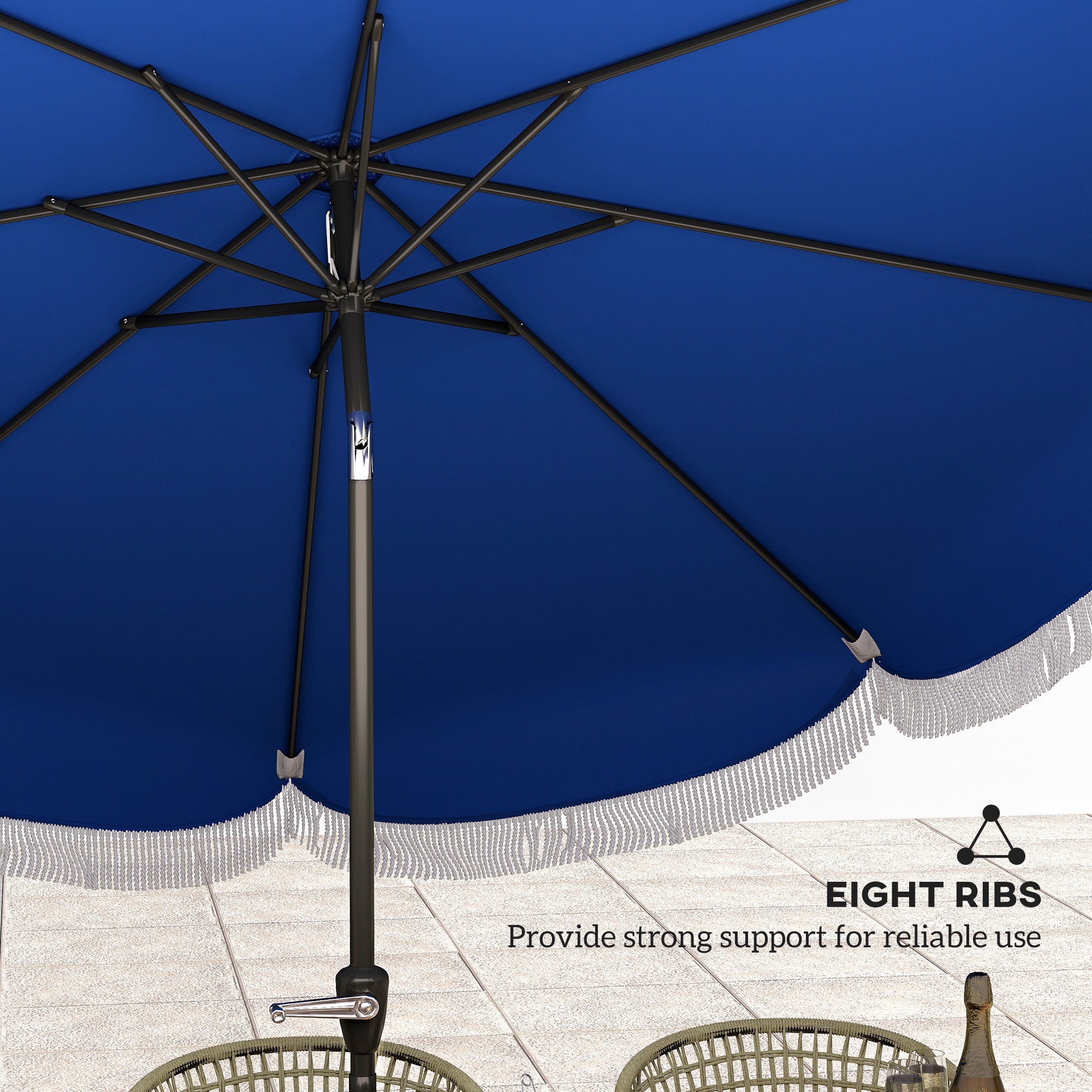 9 ft navy blue patio umbrella 8 rib Outsunny 9FT Patio Umbrella, UPF 30+ Outdoor Market Umbrella with Crank, 8 Ribs, Push Button Tilt, Vented Patio Table Umbrella for Deck Backyard Lawn,