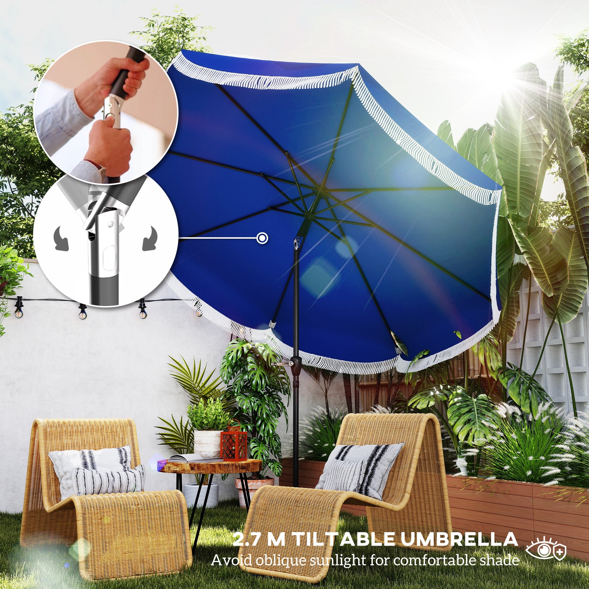 blue patio table umbrella Outsunny 9FT Patio Umbrella, UPF 30+ Outdoor Market Umbrella with Crank, 8 Ribs, Push Button Tilt, Vented Patio Table Umbrella for Deck Backyard Lawn,