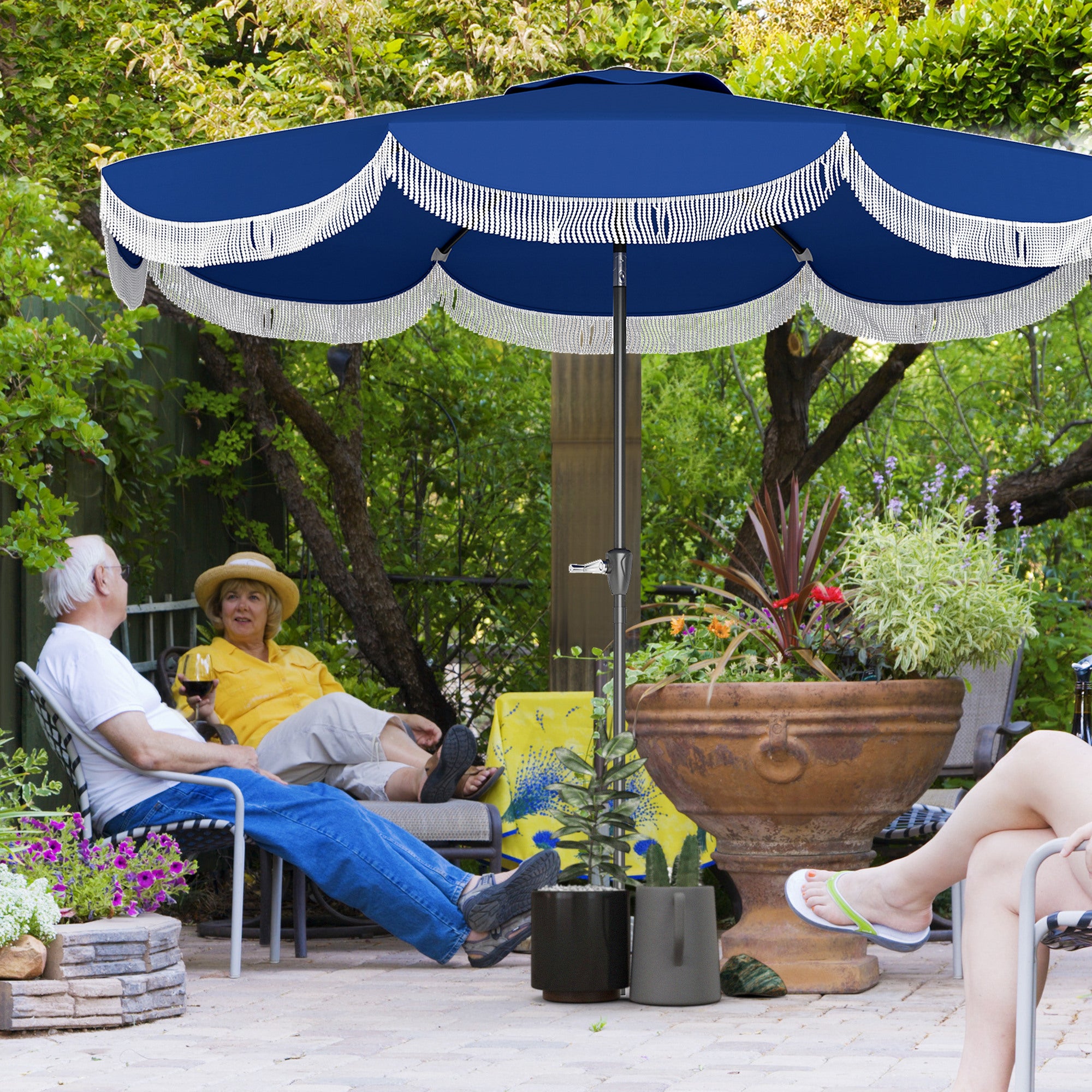 blue free standing patio umbrella Outsunny 9FT Patio Umbrella, UPF 30+ Outdoor Market Umbrella with Crank, 8 Ribs, Push Button Tilt, Vented Patio Table Umbrella for Deck Backyard Lawn,