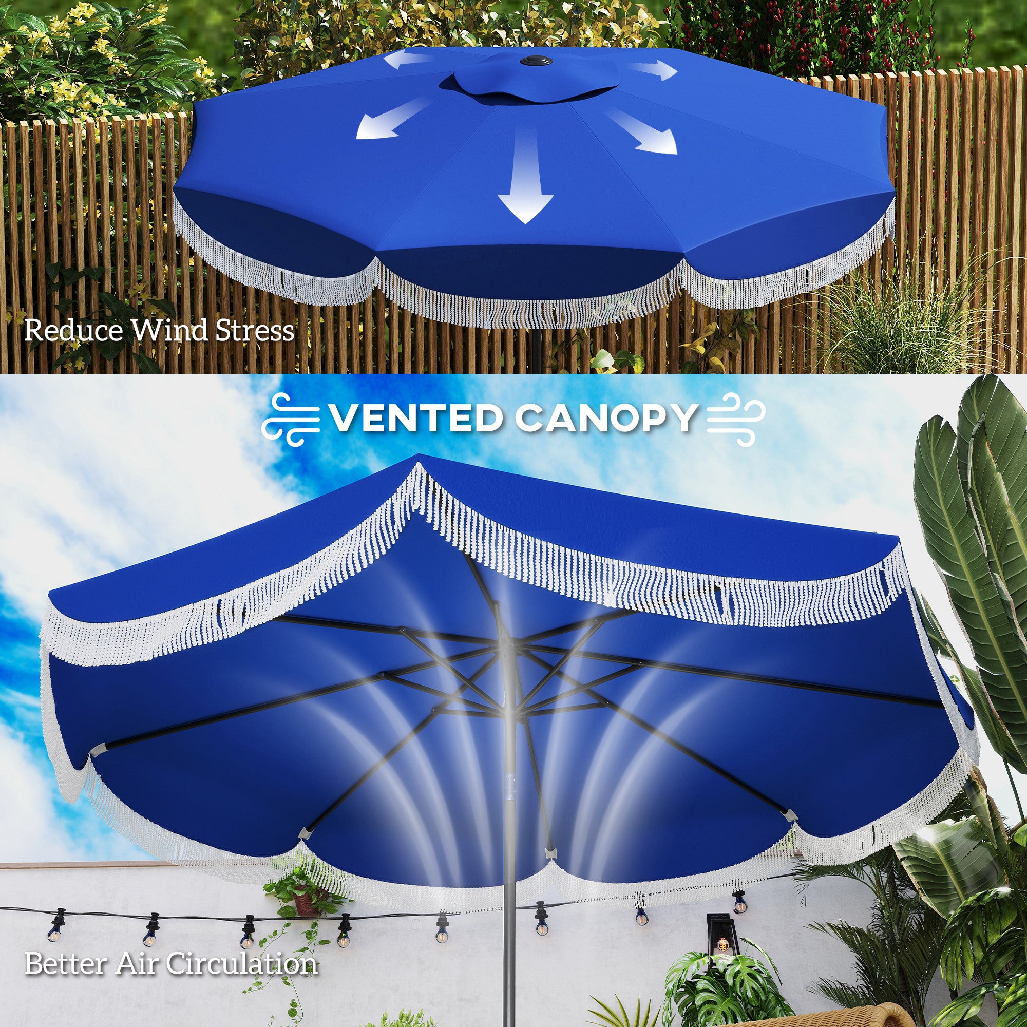 blue patio umbrellas Outsunny 9FT Patio Umbrella, UPF 30+ Outdoor Market Umbrella with Crank, 8 Ribs, Push Button Tilt, Vented Patio Table Umbrella for Deck Backyard Lawn,