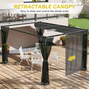3 x 4m Pergola with Retractable Roof Canopy & Netting Sidewalls for Patio, Deck, Dark Grey