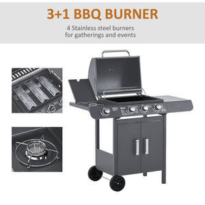 3+1 Burner Gas BBQ Gril with Side Burner, Warming Rack & Thermometer, 110 x 50 x 100cm, Grey