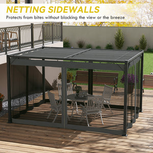 3 x 4m Pergola with Retractable Roof Canopy & Netting Sidewalls for Patio, Deck, Dark Grey