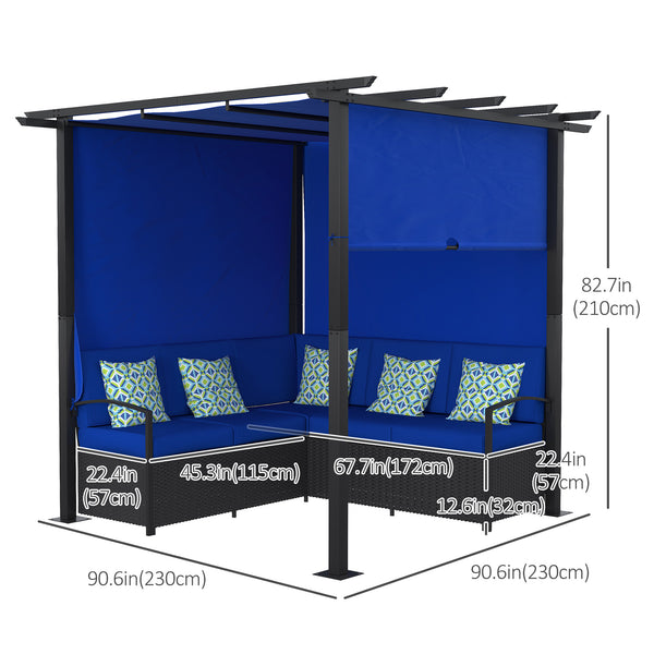 Wicker Patio Furniture, Outdoor PE Rattan Sofa Set with Retractable Canopy Pergola, Shade Shelter for Deck, Pool, Garden, Terrace, Blue