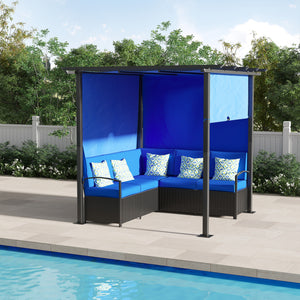 Wicker Patio Furniture, Outdoor PE Rattan Sofa Set with Retractable Canopy Pergola, Shade Shelter for Deck, Pool, Garden, Terrace, Blue