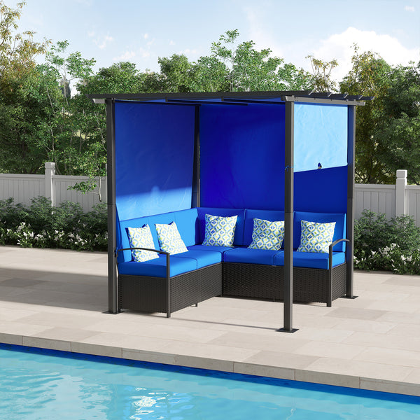 Wicker Patio Furniture, Outdoor PE Rattan Sofa Set with Retractable Canopy Pergola, Shade Shelter for Deck, Pool, Garden, Terrace, Blue