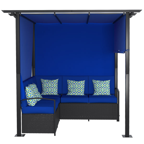 Wicker Patio Furniture, Outdoor PE Rattan Sofa Set with Retractable Canopy Pergola, Shade Shelter for Deck, Pool, Garden, Terrace, Blue