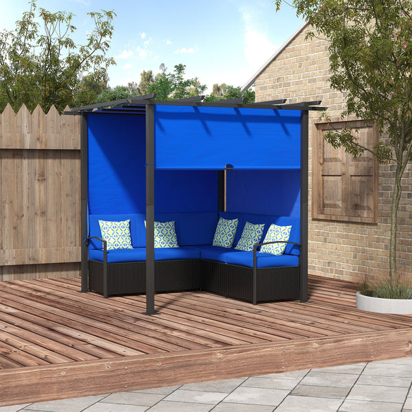Wicker Patio Furniture, Outdoor PE Rattan Sofa Set with Retractable Canopy Pergola, Shade Shelter for Deck, Pool, Garden, Terrace, Blue