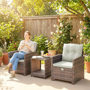 5 Piece Patio Furniture Set, Wicker Patio Chairs with Ottomans, 2-Tier Glass Coffee Table, Cushions, Outdoor Patio Furniture Conversation Set for Balcony, Brown/Cream