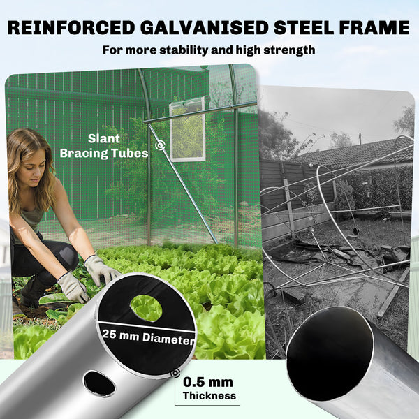 7' x 10' Walk-in Polytunnel Greenhouse with Hinged Door and 6 Roll Up Mesh Windows, Garden Tunnel Warm House Tent with UV-resistant PE Cover, Galvanised Steel Frame, Green