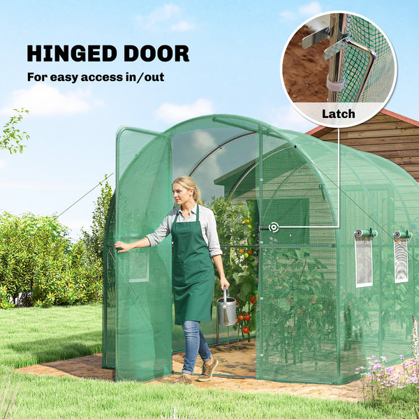 7' x 10' Walk-in Polytunnel Greenhouse with Hinged Door and 6 Roll Up Mesh Windows, Garden Tunnel Warm House Tent with UV-resistant PE Cover, Galvanised Steel Frame, Green