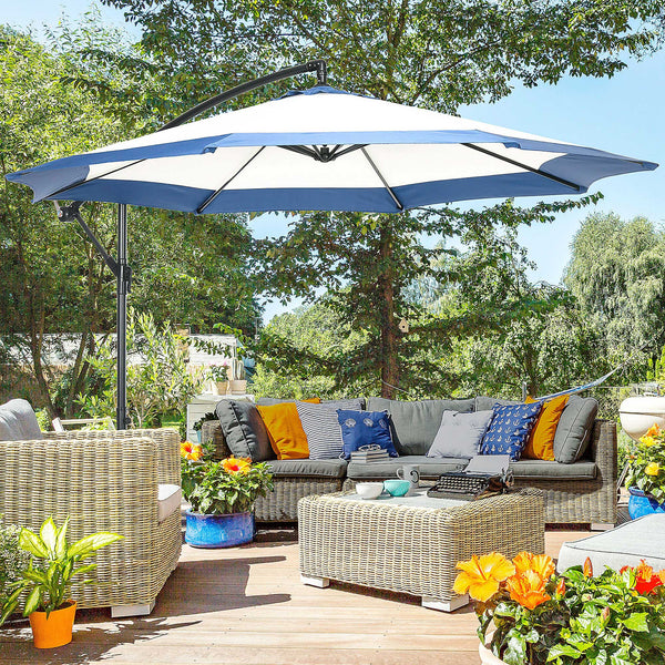 Outsunny 10FT Cantilever Umbrella, Offset Patio Umbrella with Crank and Cross Base for Deck, Backyard, Pool and Garden, Hanging Umbrellas, Navy Blue