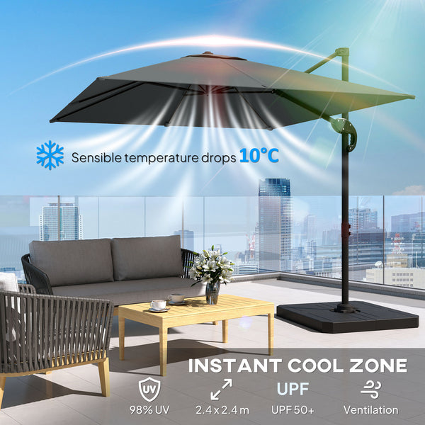 8' x 8' Offset Cantilever Patio Umbrella with Base Weights, UPF50+ Square Outdoor Cantilever Parasol with 360° Rotation, 5 Level Adjustable Tilt, Aluminum Pole, Dark Grey