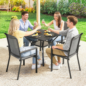5 Pieces Garden Dining Set for 4, Patio Table and Stackable Chairs with Breathable Mesh Seat and Parasol Hole, Garden Furniture Set with Steel Frame for Garden, Dark Grey