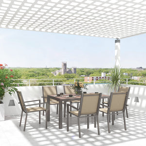 Garden Dining Set for 6, Garden Table and Stackable Chairs, 6 Seater Garden Furniture with Rectangular WPC Top Dining Table and Texteline Fabric for Outdoor, Patio, Khaki