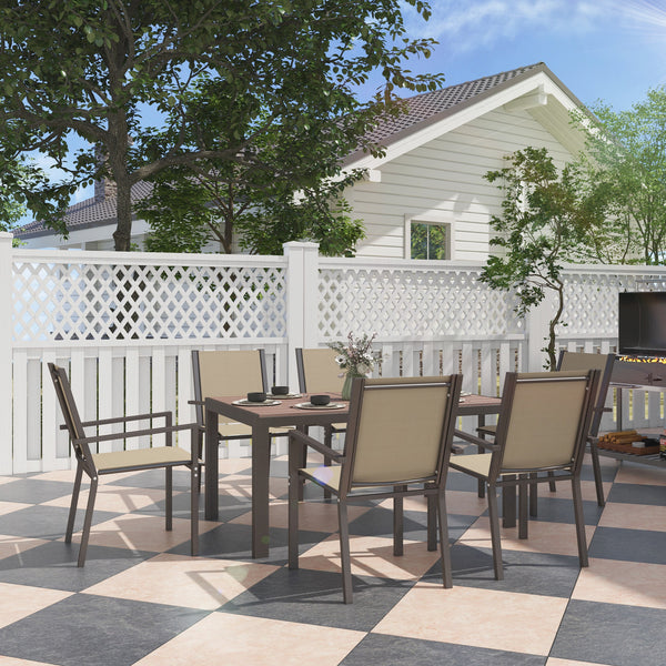 Garden Dining Set for 6, Garden Table and Stackable Chairs, 6 Seater Garden Furniture with Rectangular WPC Top Dining Table and Texteline Fabric for Outdoor, Patio, Khaki