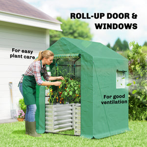 Greenhouse with Raised Garden Bed, 56" x 56" x 75" Galvanized Metal Planter Box with PE Cover, Roll Up Door and Windows, Outdoor Greenhouse for Flowers Vegetables, Green