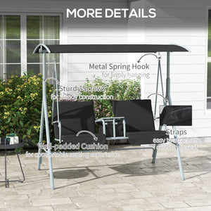 2 Person Porch Swing with Stand, Outdoor Swing with Canopy, Pivot Storage Table, 2 Cup Holders, Cushions for Patio, Backyard, Black