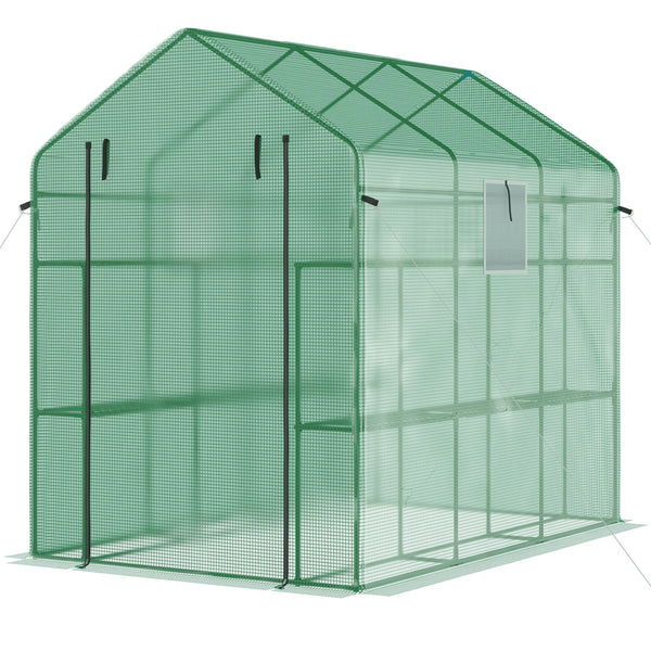 Outsunny 7' x 5' x 6' Walk-in Greenhouse for Outdoors with Mesh Door and Windows, 18 Shelf Hot House with Trellis, Plant Labels, UV Protective for Growing Flowers, Herbs, Vegetables, Saplings, Green