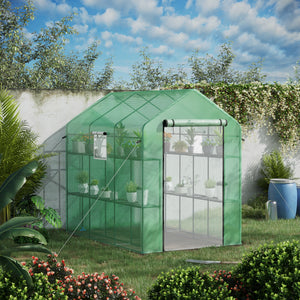 Outsunny 7' x 5' x 6' Walk-in Greenhouse for Outdoors with Mesh Door and Windows, 18 Shelf Hot House with Trellis, Plant Labels, UV Protective for Growing Flowers, Herbs, Vegetables, Saplings, Green