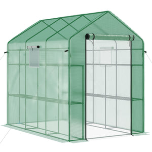 Outsunny 7' x 5' x 6' Walk-in Greenhouse for Outdoors with Mesh Door and Windows, 18 Shelf Hot House with Trellis, Plant Labels, UV Protective for Growing Flowers, Herbs, Vegetables, Saplings, Green