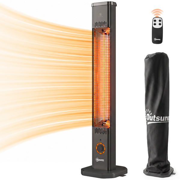 2000 W Electric Infrared Patio Heater with Cover, Free Standing/Wall Mounted IP65 Outdoor Garden Heater with Knob/Remote Control, 8 Heating Levels, 8H Timer, Tip-over Protection, Black