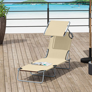 Outdoor Lounge Chair, Adjustable Folding Chaise Lounge, Tanning Chair with Sun Shade for Beach, Camping, Hiking, Backyard, Beige