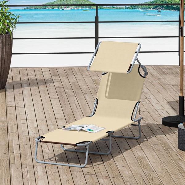 Outdoor Lounge Chair, Adjustable Folding Chaise Lounge, Tanning Chair with Sun Shade for Beach, Camping, Hiking, Backyard, Beige