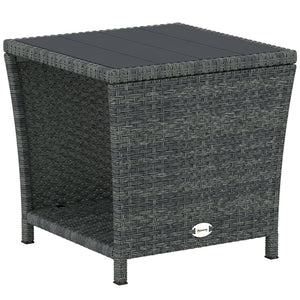 2-Tier PE Rattan Side Table with Storage Shelf, Square Outdoor Coffee Table with PS Wood Slat Top, UV-Resistant for Patio, Garden, Balcony, Grey