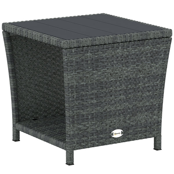 2-Tier PE Rattan Side Table with Storage Shelf, Square Outdoor Coffee Table with PS Wood Slat Top, UV-Resistant for Patio, Garden, Balcony, Grey